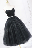 Black Strapless Shiny Tulle Tea Length Prom Dress, Black A Line Homecoming Dress HZ0527