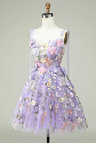 Lavender 3D Floral Embroidered Party Dress, Cute A Line Homecoming Dress HZ0527