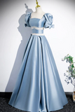 Unique Blue Satin Long Prom Dress, A Line Short Sleeve Blue Evening Dress HZ0527