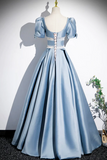 Unique Blue Satin Long Prom Dress, A Line Short Sleeve Blue Evening Dress HZ0527