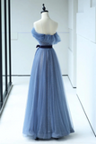 Beautiful Blue Floor Length Prom Dress, A Line Strapless Tulle Evening Dress HZ0527