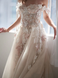 Promfast Romantic Appliques Floral Backless Lace Wedding Dress Sexy Tulle Boho Bridal Gown HZ0527