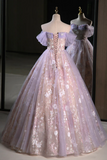 A Line Off Shoulder Tulle Lace Purple Long Prom Dress, Purple Formal Dress HZ0527