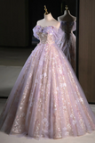 A Line Off Shoulder Tulle Lace Purple Long Prom Dress, Purple Formal Dress HZ0527