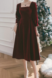 Vintage Square Necking Tea Length Burgundy Velvet Prom Dresses HZ0527