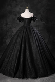 Black Tulle Floor Length A Line Prom Dress, Off the Shoulder Evening Party Dress HZ0527