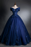 Blue Tulle Lace Long A Line Ball Gown, Off the Shoulder Evening Party Dress HZ0527