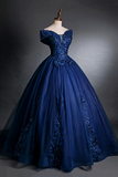 Blue Tulle Lace Long A Line Ball Gown, Off the Shoulder Evening Party Dress HZ0527