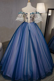 Ball Gown Off the Shoulder Short Sleeve Lace up Sweetheart Prom Dress with Appliques HZ0527