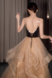 Shiny Spaghetti Straps V Neck Prom Dress, A Line Evening Dress With Layers HZ0527