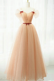 A Line Champagne Tulle Long Prom Dress, Champagne Long Formal Dress HZ0527