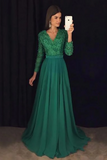 A Line V Neck Emerald Green Long Sleeves Prom Dress, Green Formal Dress, Graduation Dress HZ0527