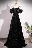 Black Off Shoulder Velvet Sequin Long Prom Dress, Black Long Evening Dress HZ0527