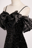 Black Off Shoulder Velvet Sequin Long Prom Dress, Black Long Evening Dress HZ0527