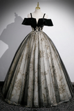 Black Velvet and Sequins Long Prom Dress, Black Off the Shoulder A Line Evening Dress HZ0527