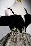Black Velvet and Sequins Long Prom Dress, Black Off the Shoulder A Line Evening Dress HZ0527