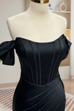 Black Off Shoulder Satin Mermaid Long Prom Dress, Black Long Evening Dress HZ0527