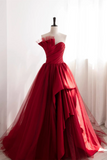 Strapless Burgundy Tulle Satin Long Prom Dresses, Wine Red Long Fomal Gowns HZ0527
