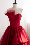 Strapless Burgundy Tulle Satin Long Prom Dresses, Wine Red Long Fomal Gowns HZ0527