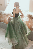 Dark Green Straps Tulle with Velvet Party Dress, Green Evening Gown Prom Dress HZ0527