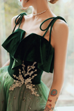 Dark Green Straps Tulle with Velvet Party Dress, Green Evening Gown Prom Dress HZ0527