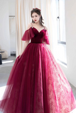 Burgundy V Neck Velvet and Tulle Long Prom Dress, A Line Spaghetti Strap Formal Evening Dress HZ0527
