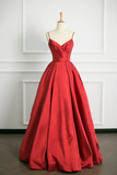 Red V Neck Satin Long A Line Prom Dress, Simple A Line Backless Evening Party Dress HZ0527