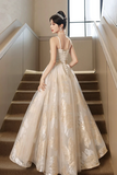 Champagne Spaghetti Strap Tulle Formal Dress, A Line Sweetheart Neck Evening Party Dress HZ0527