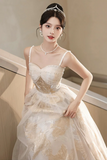 Champagne Spaghetti Strap Tulle Formal Dress, A Line Sweetheart Neck Evening Party Dress HZ0527