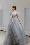 Gray Tulle Floor Length A Line Prom Dress, Lovely Puff Sleeve Evening Party Dress HZ0527