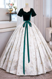 Green Velvet Floor Length Printing Prom Dresses, A Line Short Sleeve Evening Formal Dresses HZ0527