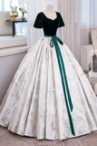 Green Velvet Floor Length Printing Prom Dresses, A Line Short Sleeve Evening Formal Dresses HZ0527
