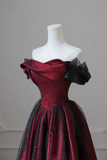 Black and Red Off Shoulder Satin Long Prom Dress, Off the Shoulder Party Dress HZ0527