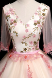 Champagne V Neck Lace Long Prom Dress, A Line 1/2 Sleeves Evening Party Dress HZ0527