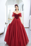 Elegant Tulle and Velvet Long Prom Dress, Off the Shoulder A Line Evening Party Dress HZ0527