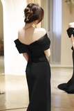 Simple Off Shoulder Satin Mermaid Black Long Prom Dress, Black Long Formal Dress HZ0527