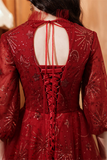 Wine Red Tulle Puffy Sleeves Long Party Dress, Wine Red Long Prom Dress HZ0527