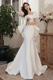 Simple Puff Sleeves Satin Mermaid White Long Prom Dress, White Long Formal Dress HZ0527