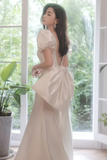 Simple Puff Sleeves Satin Mermaid White Long Prom Dress, White Long Formal Dress HZ0527