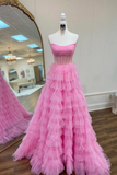 Pink Strapless Tulle Sparkle Floor Length Prom Dress, Beautiful A Line Evening Party Dress HZ0527