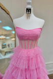 Pink Strapless Tulle Sparkle Floor Length Prom Dress, Beautiful A Line Evening Party Dress HZ0527