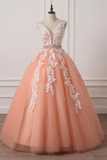 Charming Coral Princess V-Neck Lace Applique Beaded Prom Dress Ball Gown Sweet 16 Dresses HZ0527