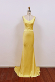 Chic Yellow Satin Mermaid Long Prom Dress, Yellow Low Back Party Dress HZ0527