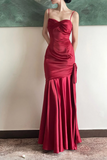 Wine Red Satin Straps Long Evening Dress Prom Dress, Wine Red Party Dress HZ0527
