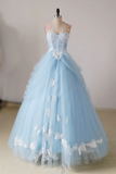 A Line Sweetheart Neck Lace Blue Long Prom Dress, Blue Long Sweet 16 Dress HZ0527