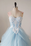 A Line Sweetheart Neck Lace Blue Long Prom Dress, Blue Long Sweet 16 Dress HZ0527