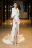 Beautiful White Puffy Sleeves Long Party Dress with Leg Slit, White Wedding Party Dress HZ0527