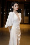 Beautiful White Puffy Sleeves Long Party Dress with Leg Slit, White Wedding Party Dress HZ0527
