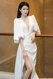 Beautiful White Puffy Sleeves Long Party Dress with Leg Slit, White Wedding Party Dress HZ0527