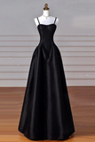 A Line Sweetheart Neck Satin Black Long Prom Dress, Black Long Evening Dress HZ0527